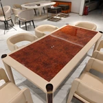 Upholstered-Leg Dining Table with Amber Burl Wood Top and Metal Accents